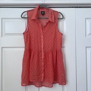 Bobeau Polka Dot Blouse Sleeveless‎ Button Down Top Coral Pink Size L